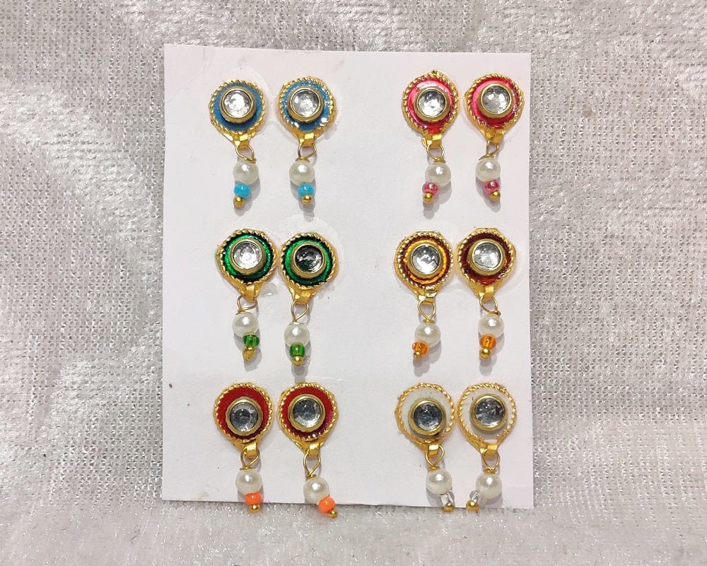 Meenakari Coloured Diamond Kundal, Set of 6