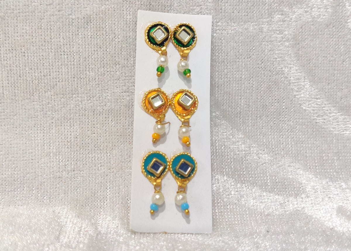 Meenakari Coloured Diamond Kundal, Set of 3