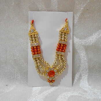 3 Sar Golden/Coloured Moti Mala, Orange