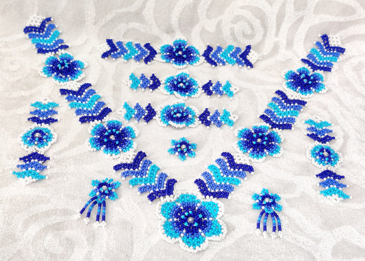 Flower Shape Barik Moti Gadijji Mala Full Set  (Blue)