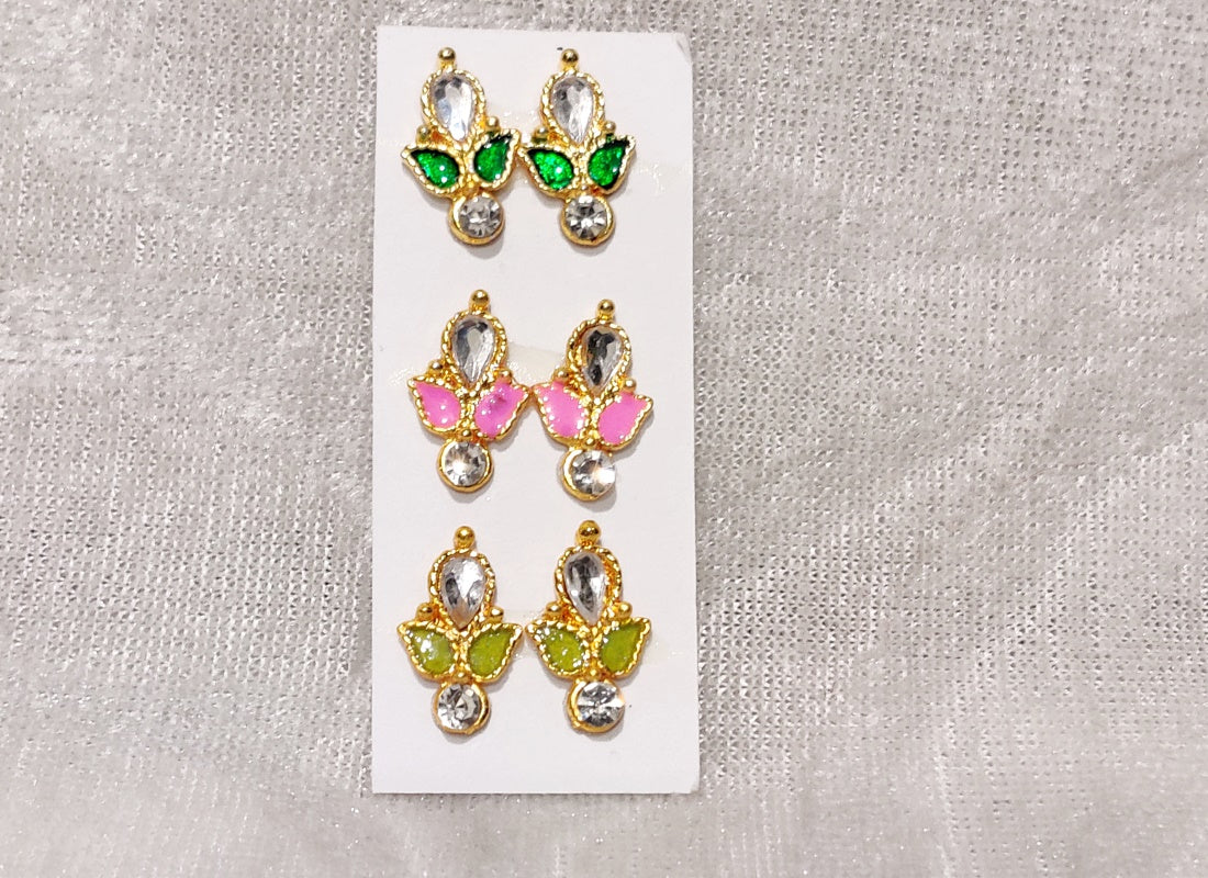 Meenakari Coloured Diamond Kundal, Set of 3