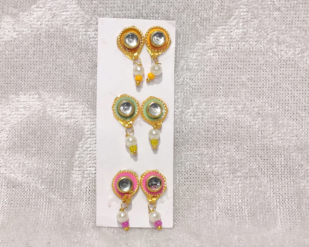 Meenakari Coloured Diamond Kundal, Set of 3