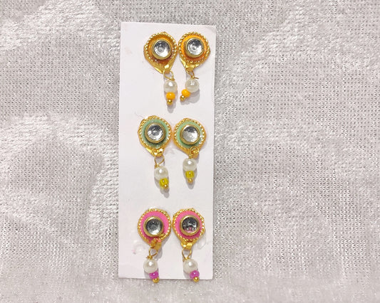 Meenakari Coloured Diamond Kundal, Set of 3