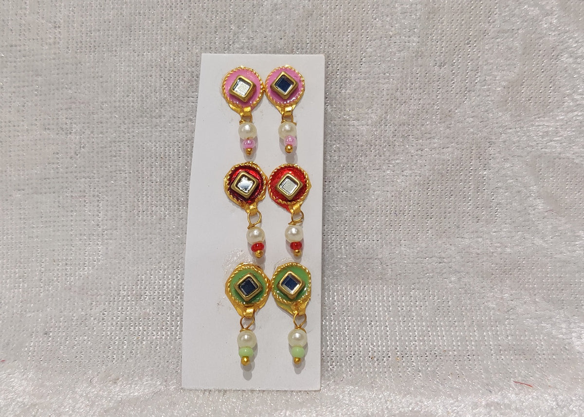 Meenakari Coloured Diamond Kundal, Set of 3