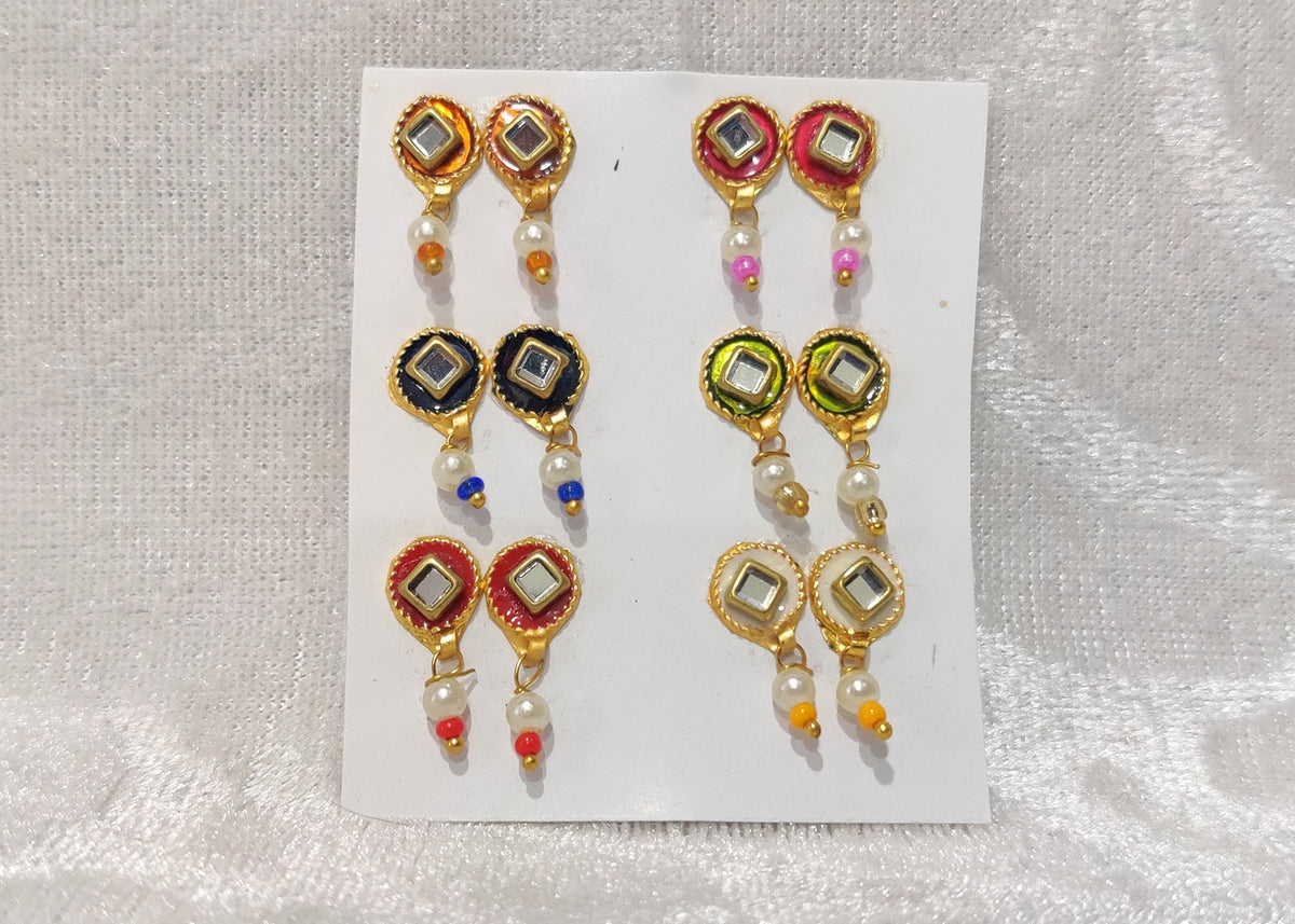 Meenakari Coloured Diamond Kundal, Set of 6